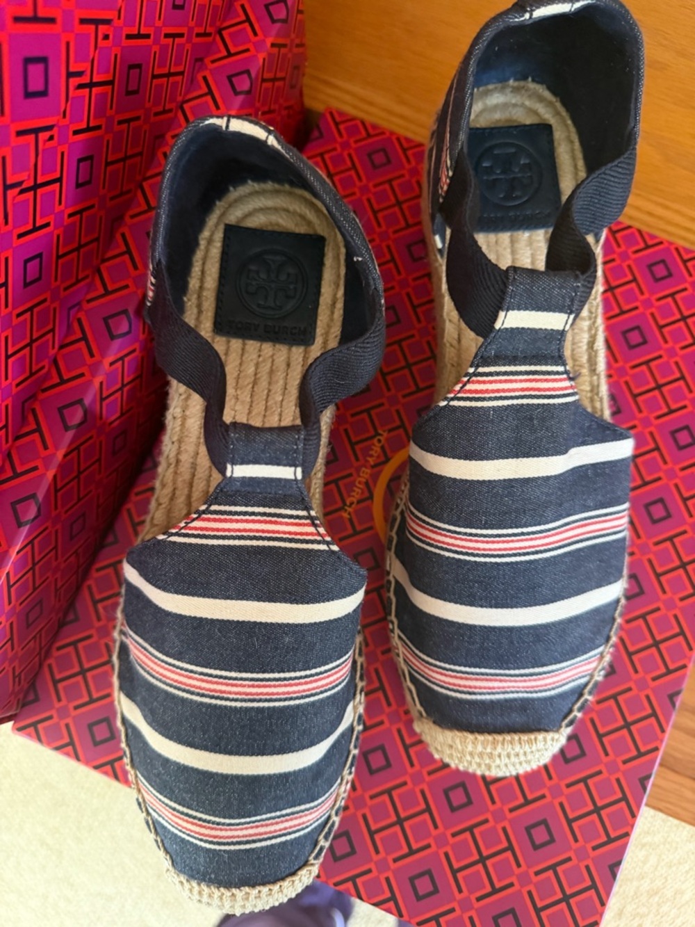 Tory Burch Navy, White & Red Striped Espadrille Wedge